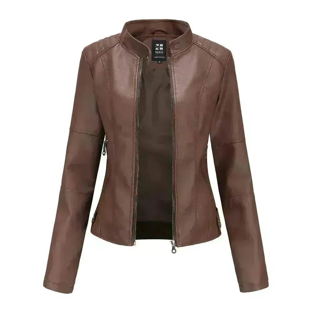 Fashioned European and American Slim fit stand collar Leather jacket for women