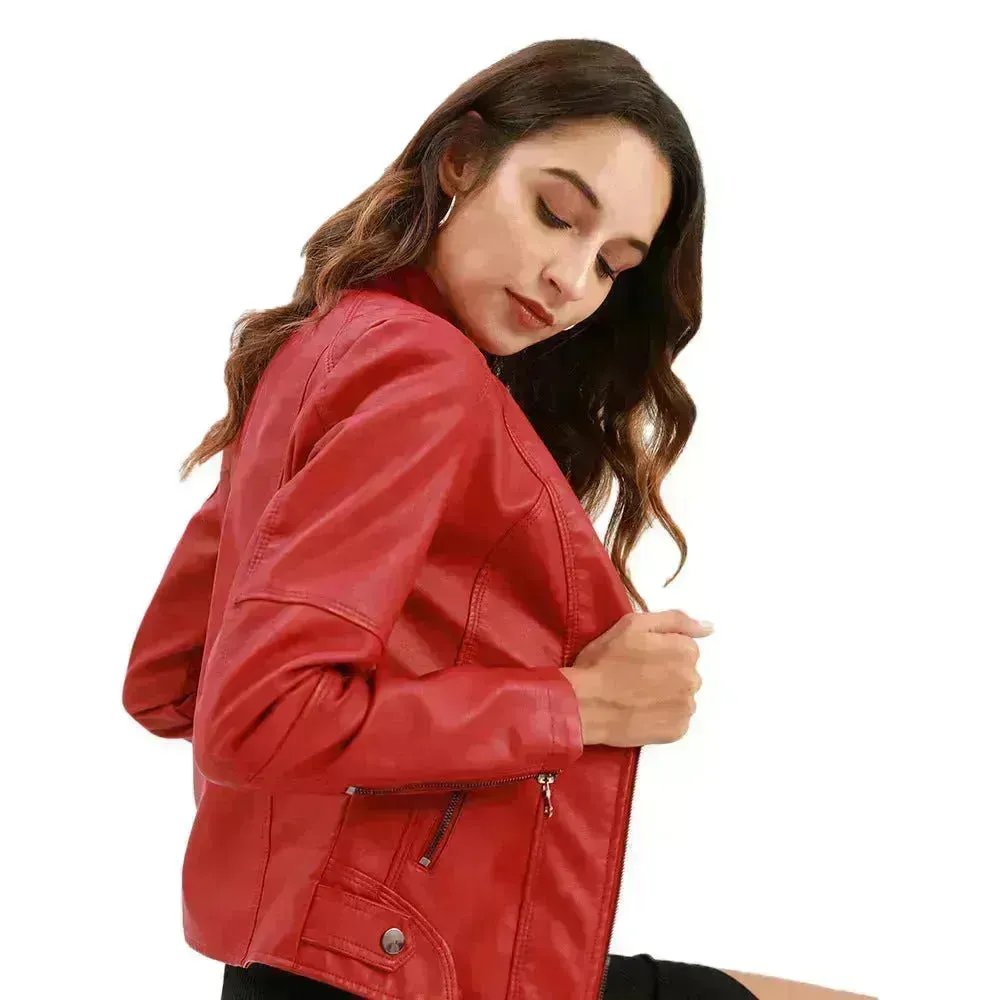 Fashioned European and American Slim fit stand collar Leather jacket for women