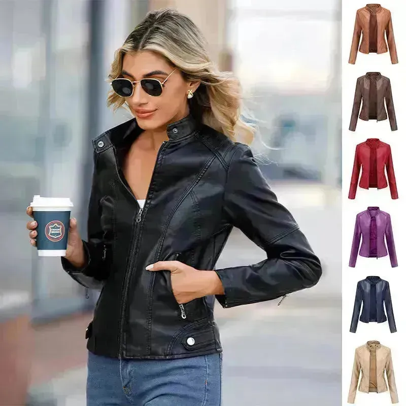 Fashioned European and American Slim fit stand collar Leather jacket for women