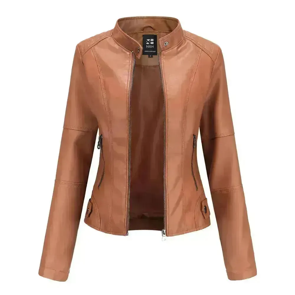 Fashioned European and American Slim fit stand collar Leather jacket for women