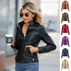 Fashioned European and American Slim fit stand collar Leather jacket for women