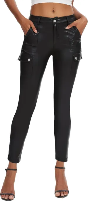 Faux Leather Leggings Pants for Women High Waisted Stretchy Pleather Pants Back Side Pocket Work Tights