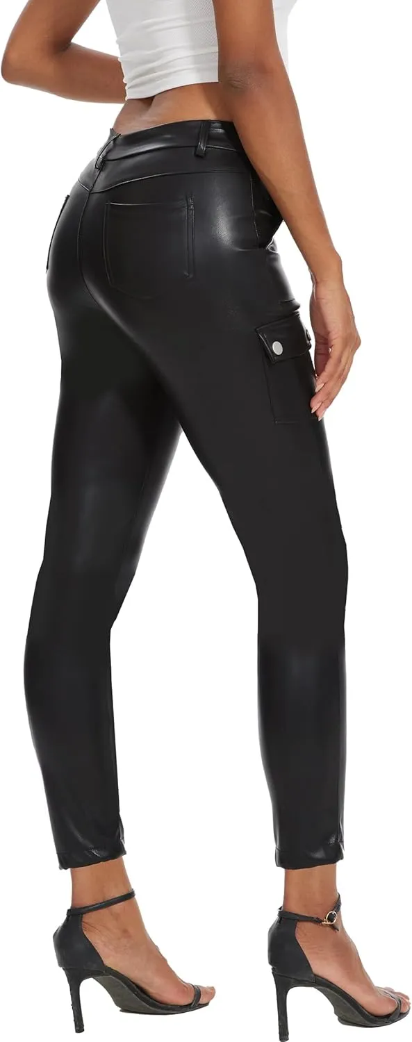 Faux Leather Leggings Pants for Women High Waisted Stretchy Pleather Pants Back Side Pocket Work Tights