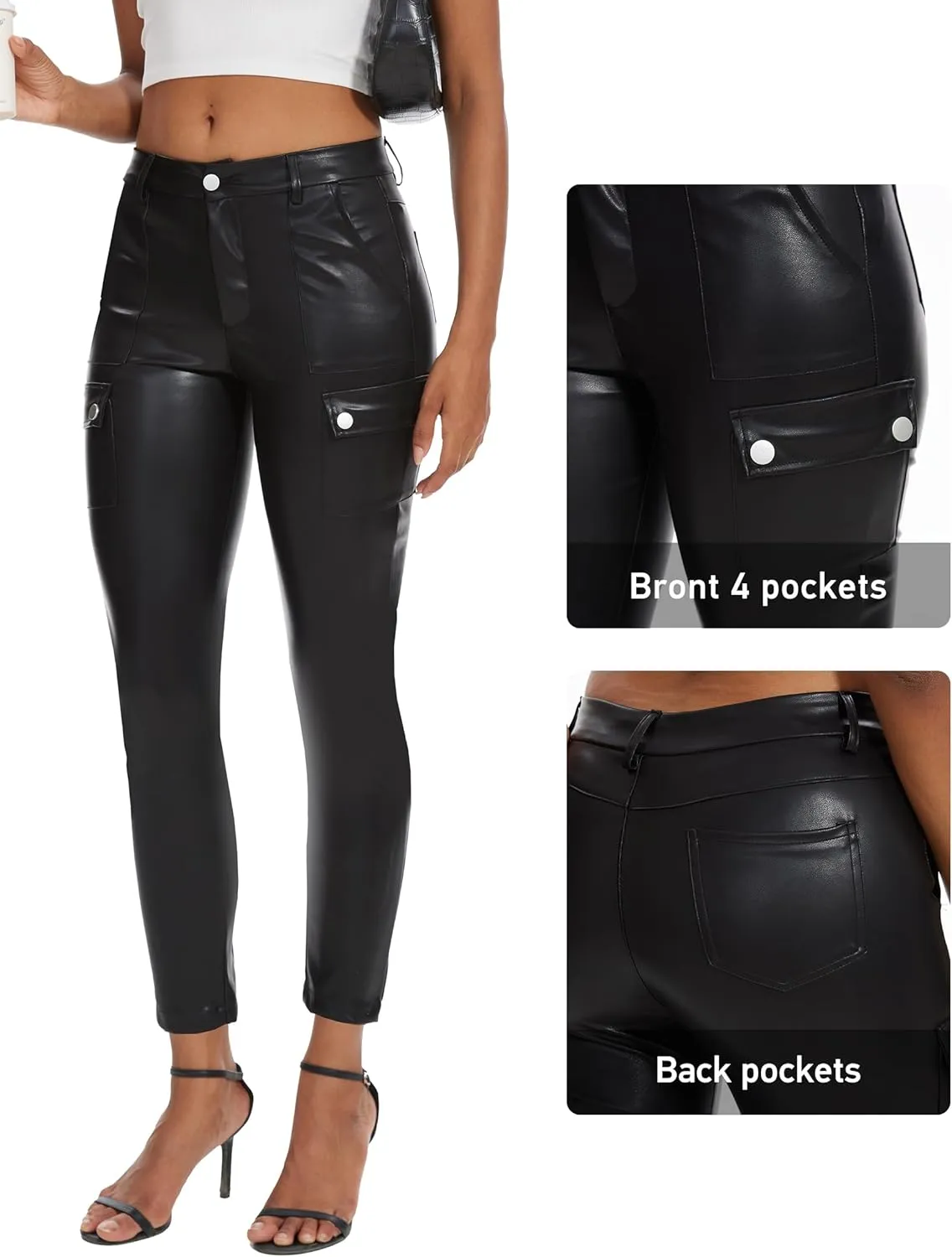 Faux Leather Leggings Pants for Women High Waisted Stretchy Pleather Pants Back Side Pocket Work Tights