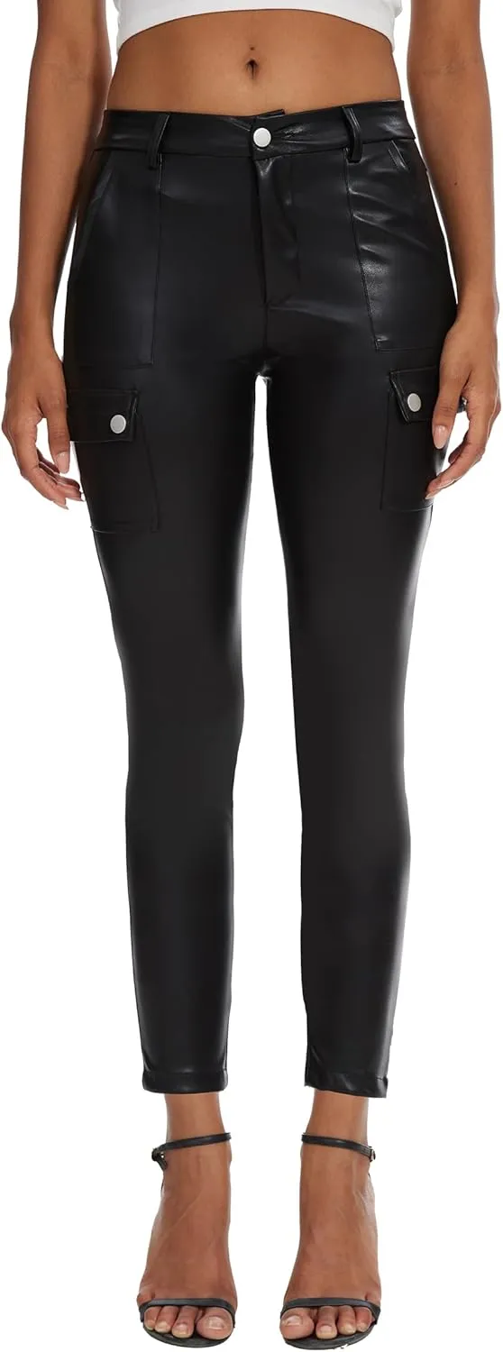 Faux Leather Leggings Pants for Women High Waisted Stretchy Pleather Pants Back Side Pocket Work Tights
