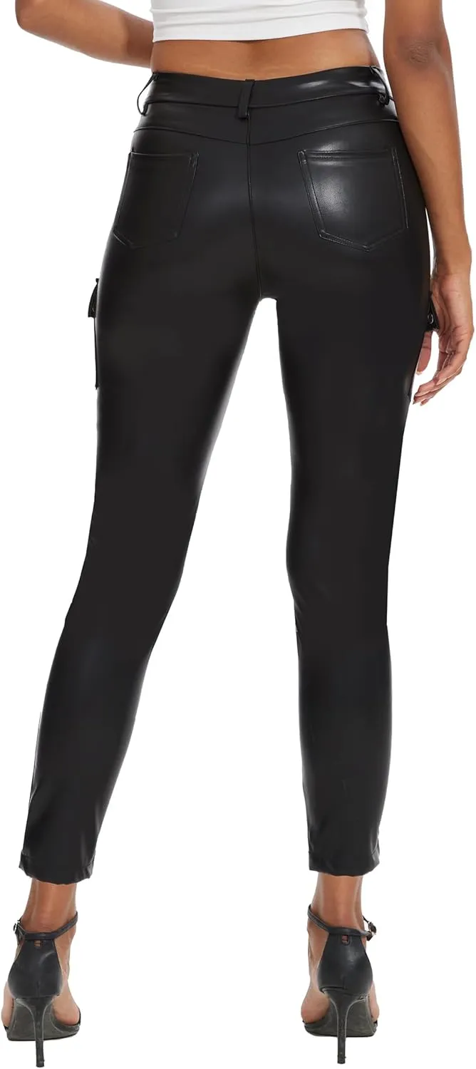 Faux Leather Leggings Pants for Women High Waisted Stretchy Pleather Pants Back Side Pocket Work Tights