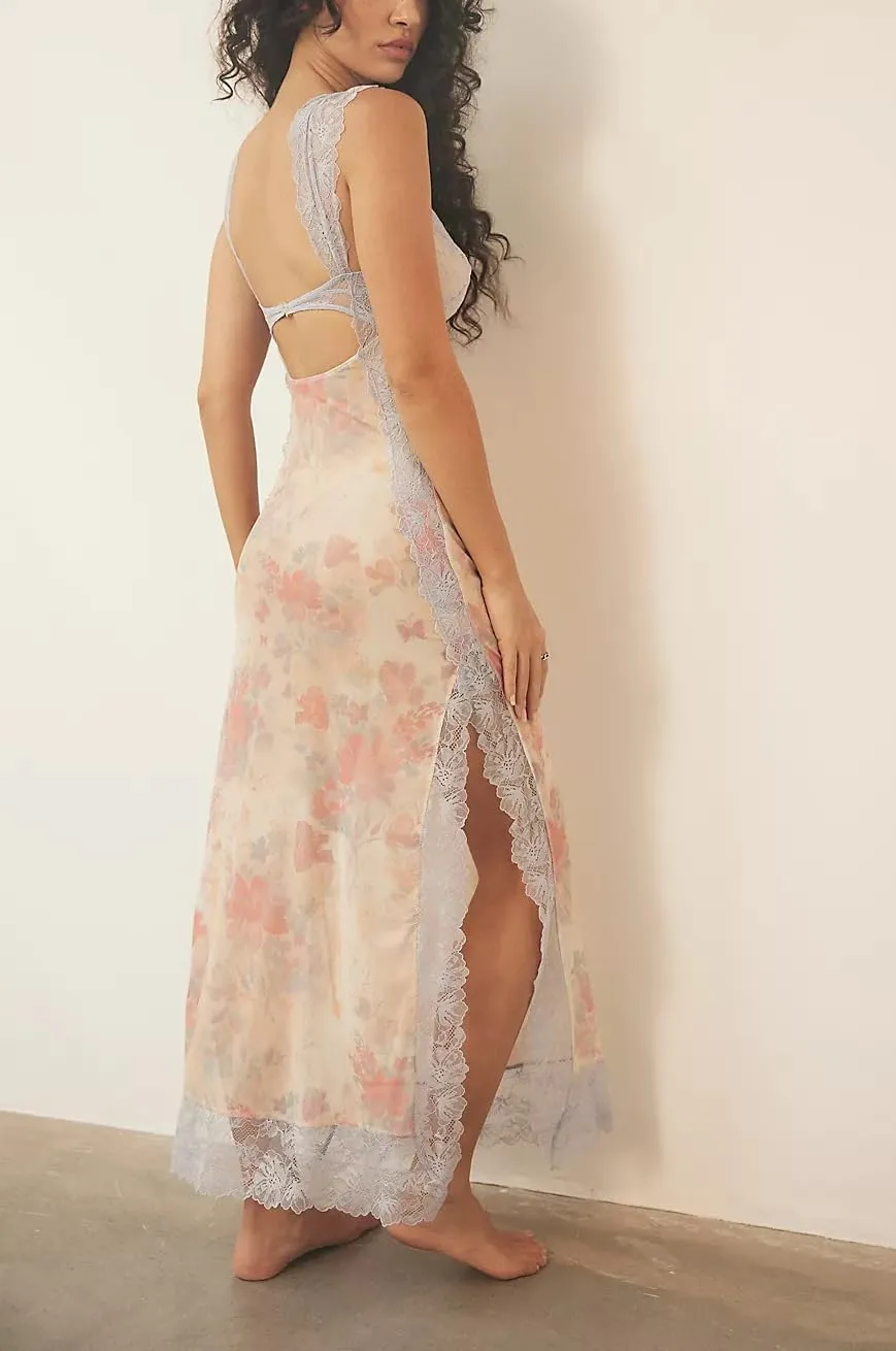 Floral Lace Maxi Slip Dress Summer Sleeveless Backless Bodycon Dress Cut Out Spaghetti Strap Long Dress