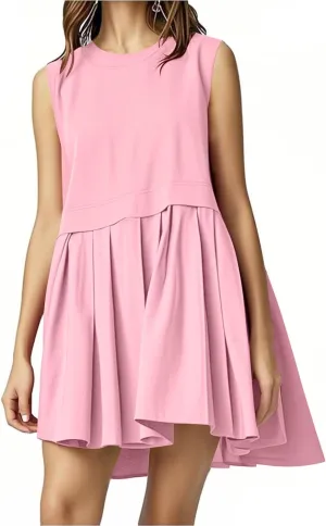 FP Dupe Babydoll Dress for Women Ruffle Pleated Tunic Dress Sleeveless Crew Neck Tank Dresses Loose Fit Clothes
