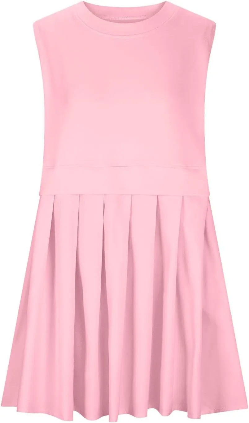 FP Dupe Babydoll Dress for Women Ruffle Pleated Tunic Dress Sleeveless Crew Neck Tank Dresses Loose Fit Clothes