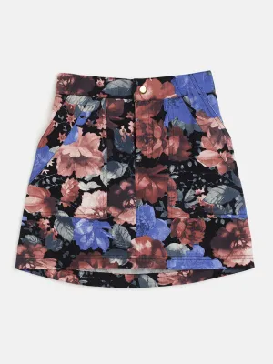 Girls Black & Blue Twill Floral Mini Skirt