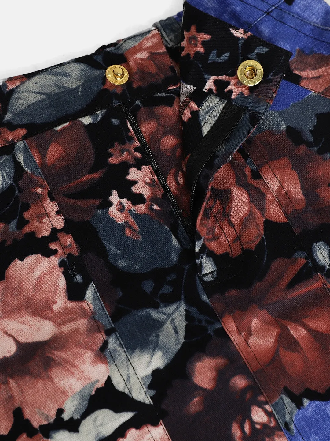 Girls Black & Blue Twill Floral Mini Skirt