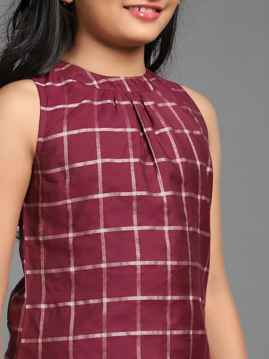Girl's Burgundy Checked Woven Design Straight Kurta With Skirt Set - Aks Girls