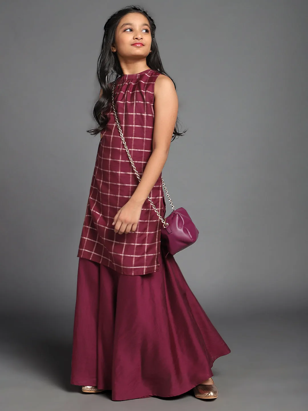 Girl's Burgundy Checked Woven Design Straight Kurta With Skirt Set - Aks Girls