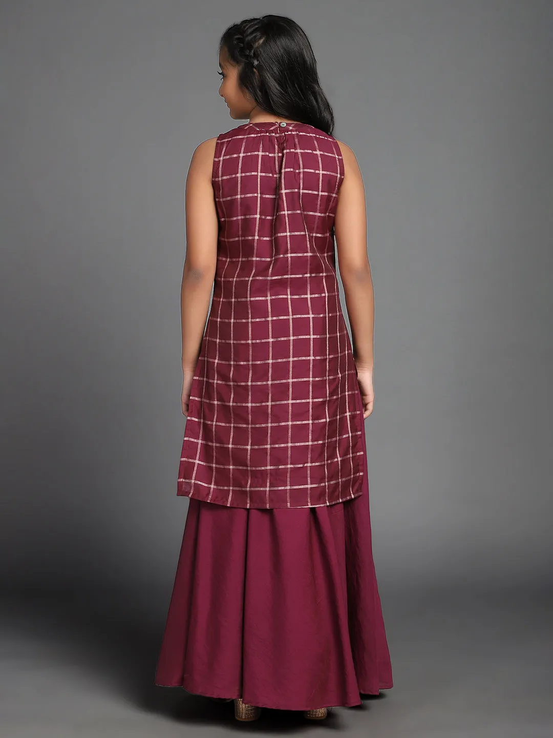 Girl's Burgundy Checked Woven Design Straight Kurta With Skirt Set - Aks Girls