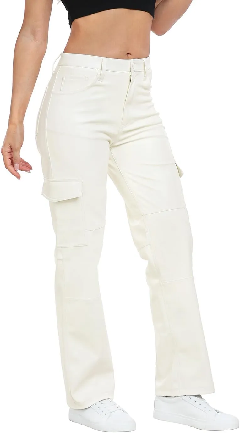 HDE Women's Faux Leather Cargo Pants with Pockets High Waisted Y2K Relaxed Pant