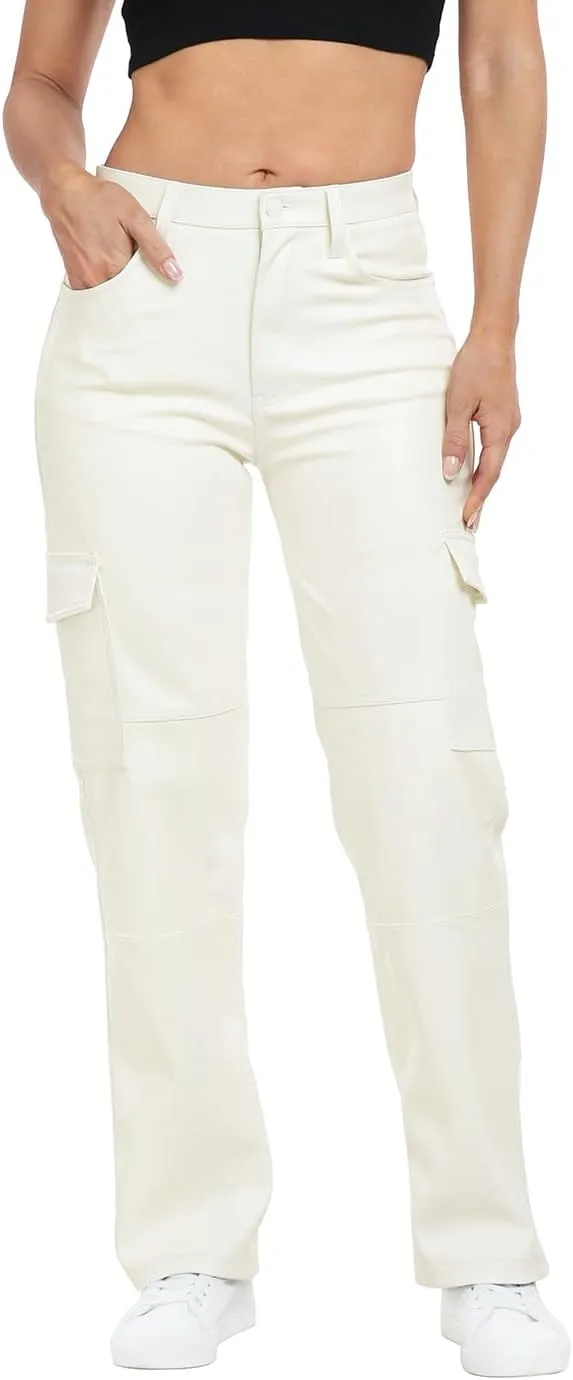 HDE Women's Faux Leather Cargo Pants with Pockets High Waisted Y2K Relaxed Pant