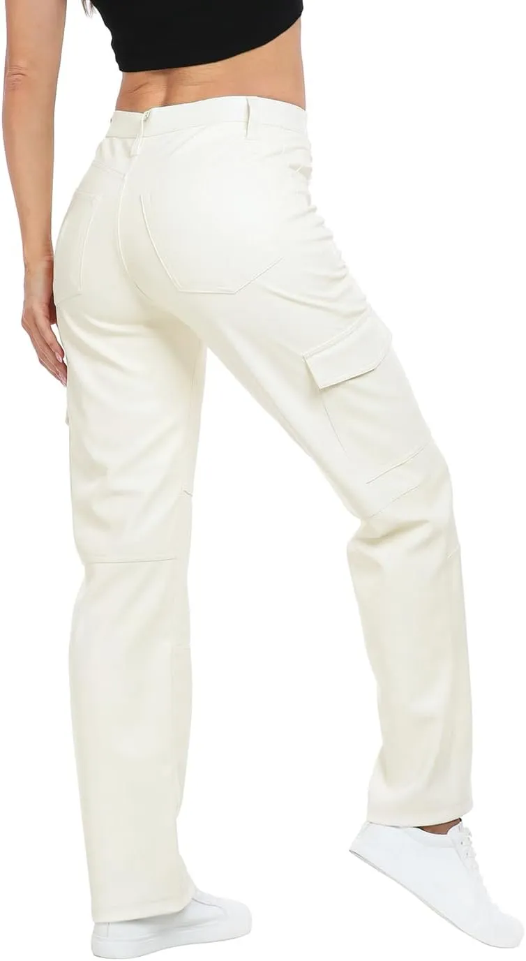 HDE Women's Faux Leather Cargo Pants with Pockets High Waisted Y2K Relaxed Pant