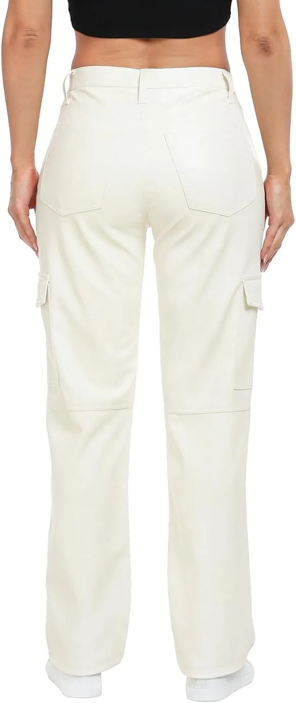 HDE Women's Faux Leather Cargo Pants with Pockets High Waisted Y2K Relaxed Pant