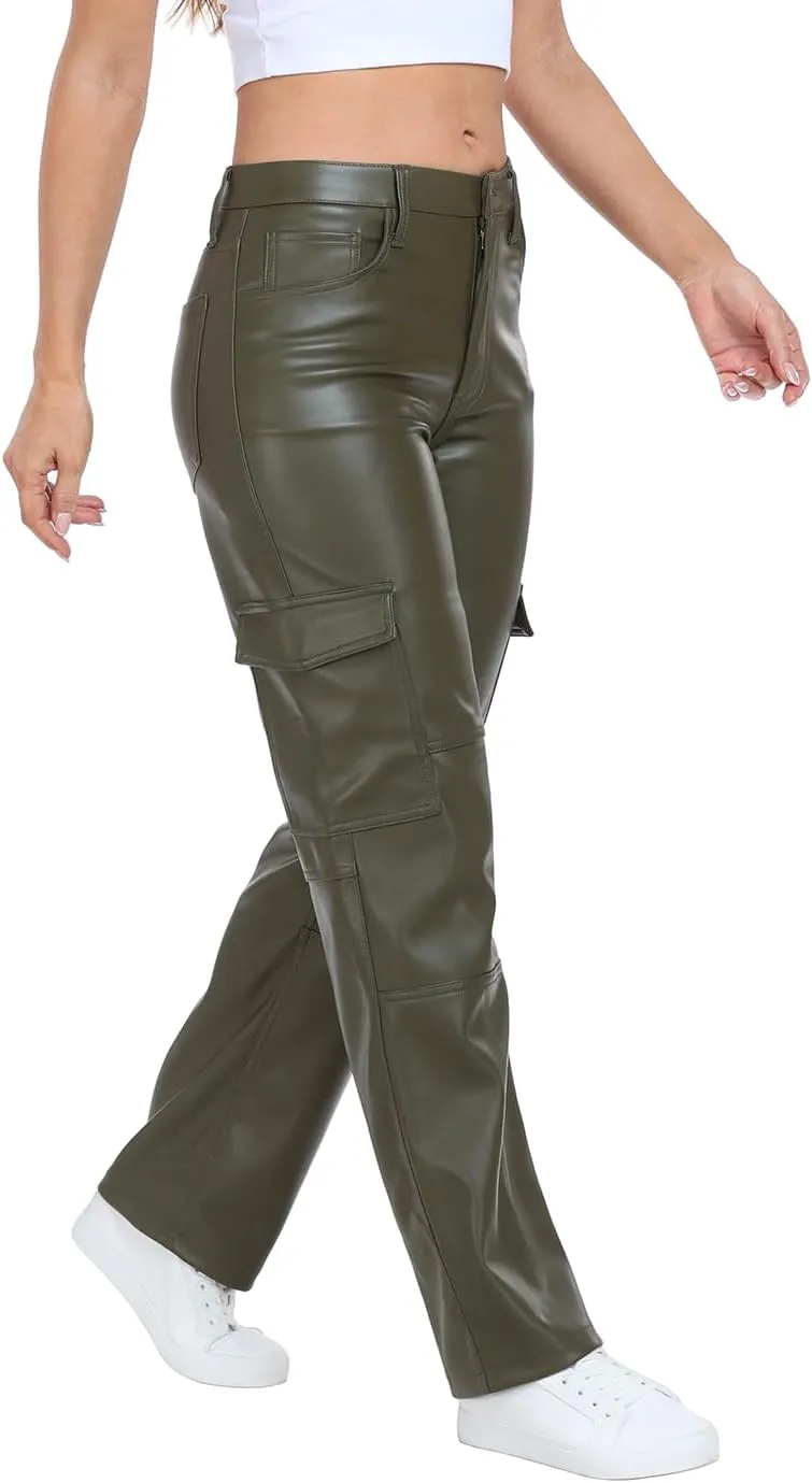 HDE Women's Faux Leather Cargo Pants with Pockets High Waisted Y2K Relaxed Pant