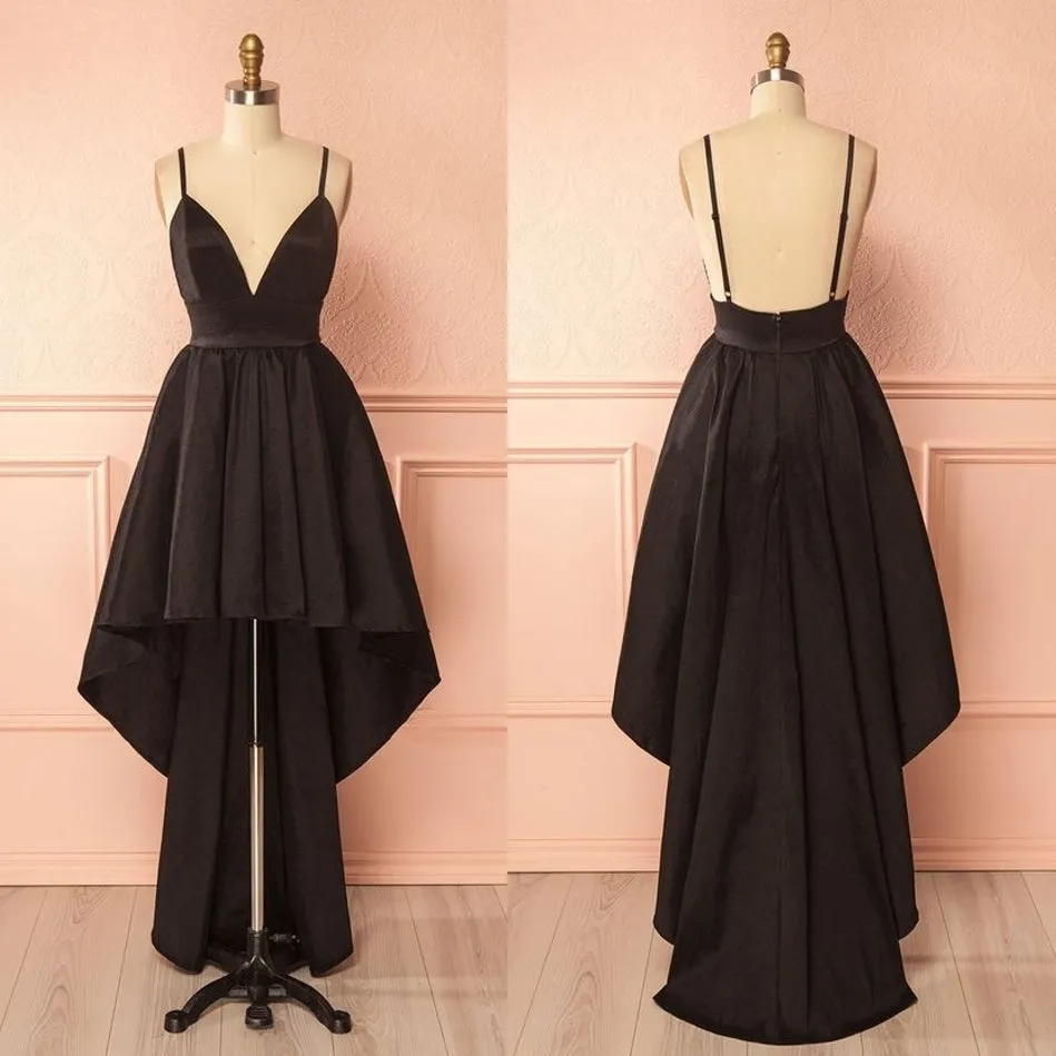 High Low V Neck Spaghetti Straps Backless Black Prom, High Low Black Homecoming, Black Graduation