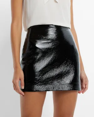 High Waisted Faux Patent Leather Mini Skirt in Pitch Black