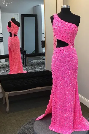 Hot Pink One Shoulder Sequins Prom Dress with Slit