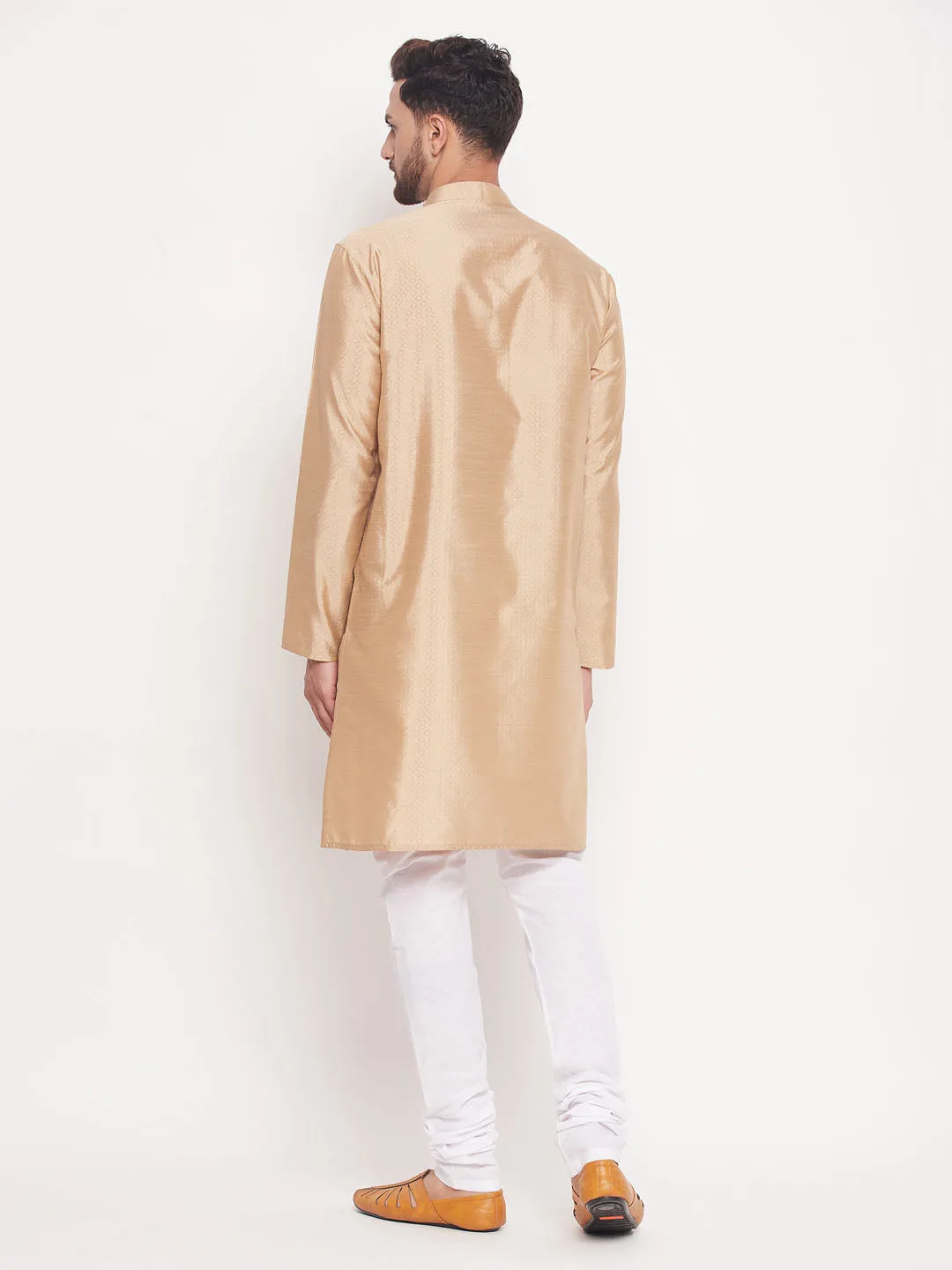 Jashvi Men's Beige Square Woven Silk Blend Kurta With White Pyjama Set