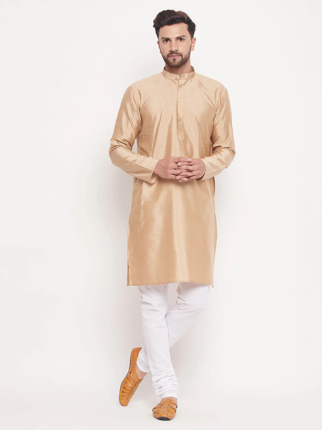 Jashvi Men's Beige Square Woven Silk Blend Kurta With White Pyjama Set
