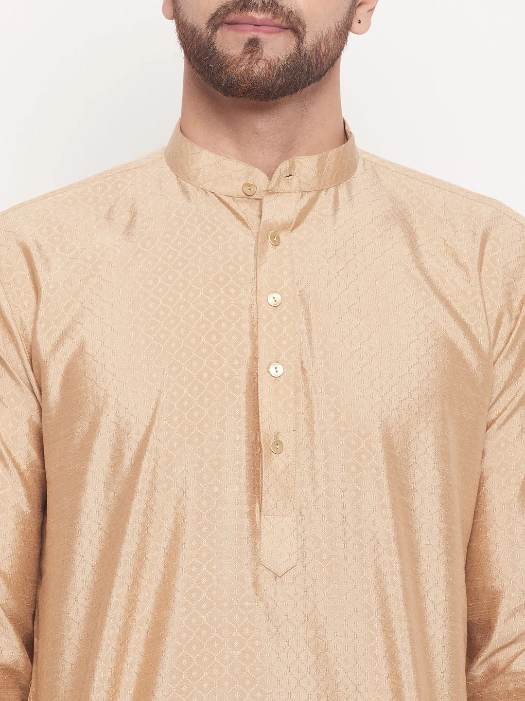 Jashvi Men's Beige Square Woven Silk Blend Kurta With White Pyjama Set