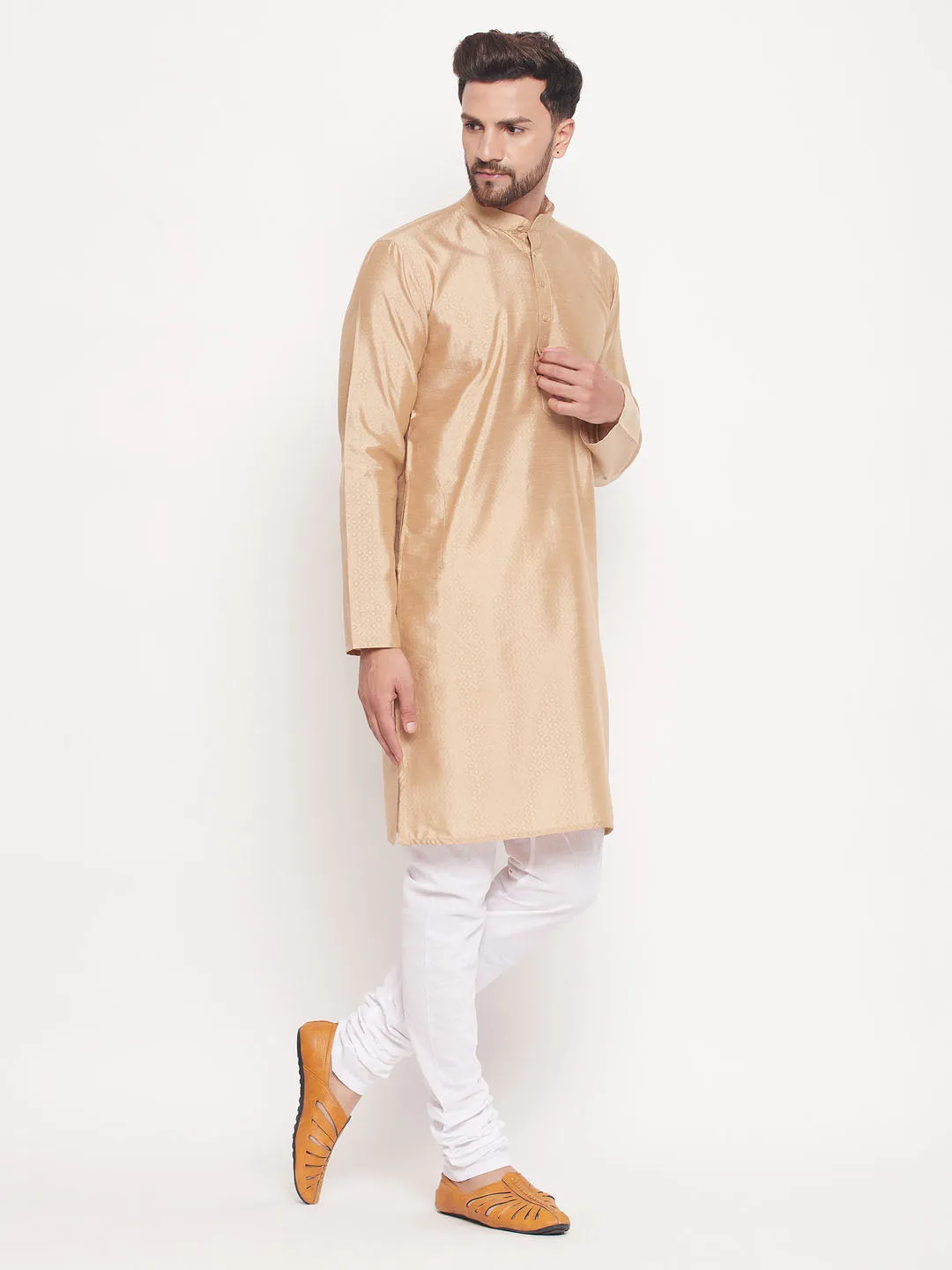 Jashvi Men's Beige Square Woven Silk Blend Kurta With White Pyjama Set