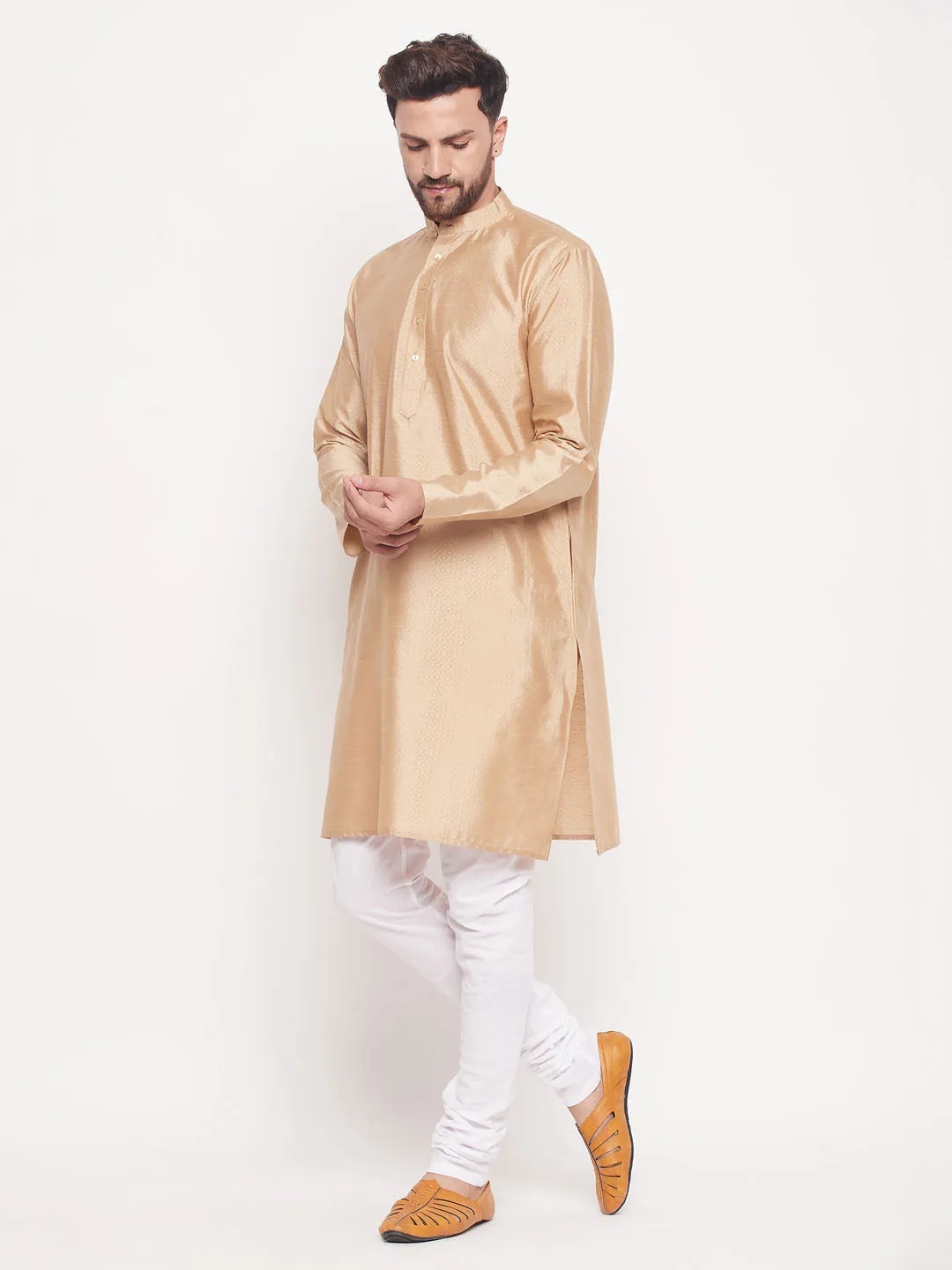 Jashvi Men's Beige Square Woven Silk Blend Kurta With White Pyjama Set