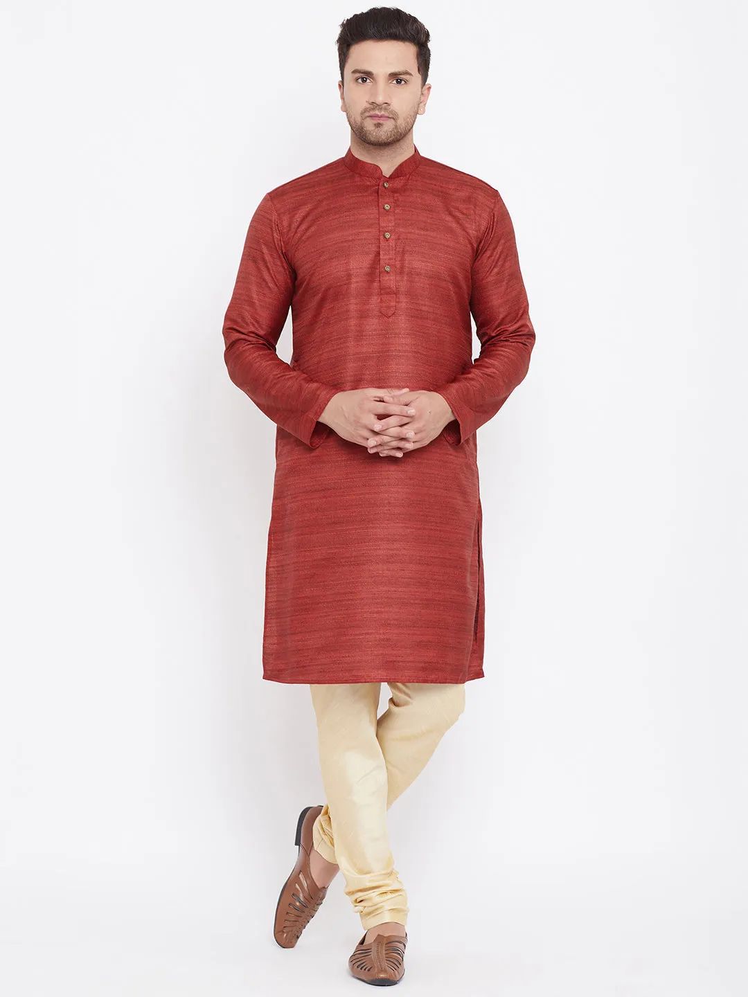 Jashvi Men's Maroon And Gold Silk Blend Kurta Pyjama Set