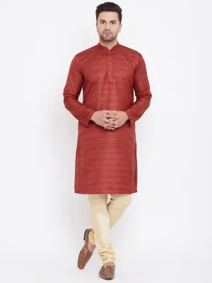 Jashvi Men's Maroon And Gold Silk Blend Kurta Pyjama Set