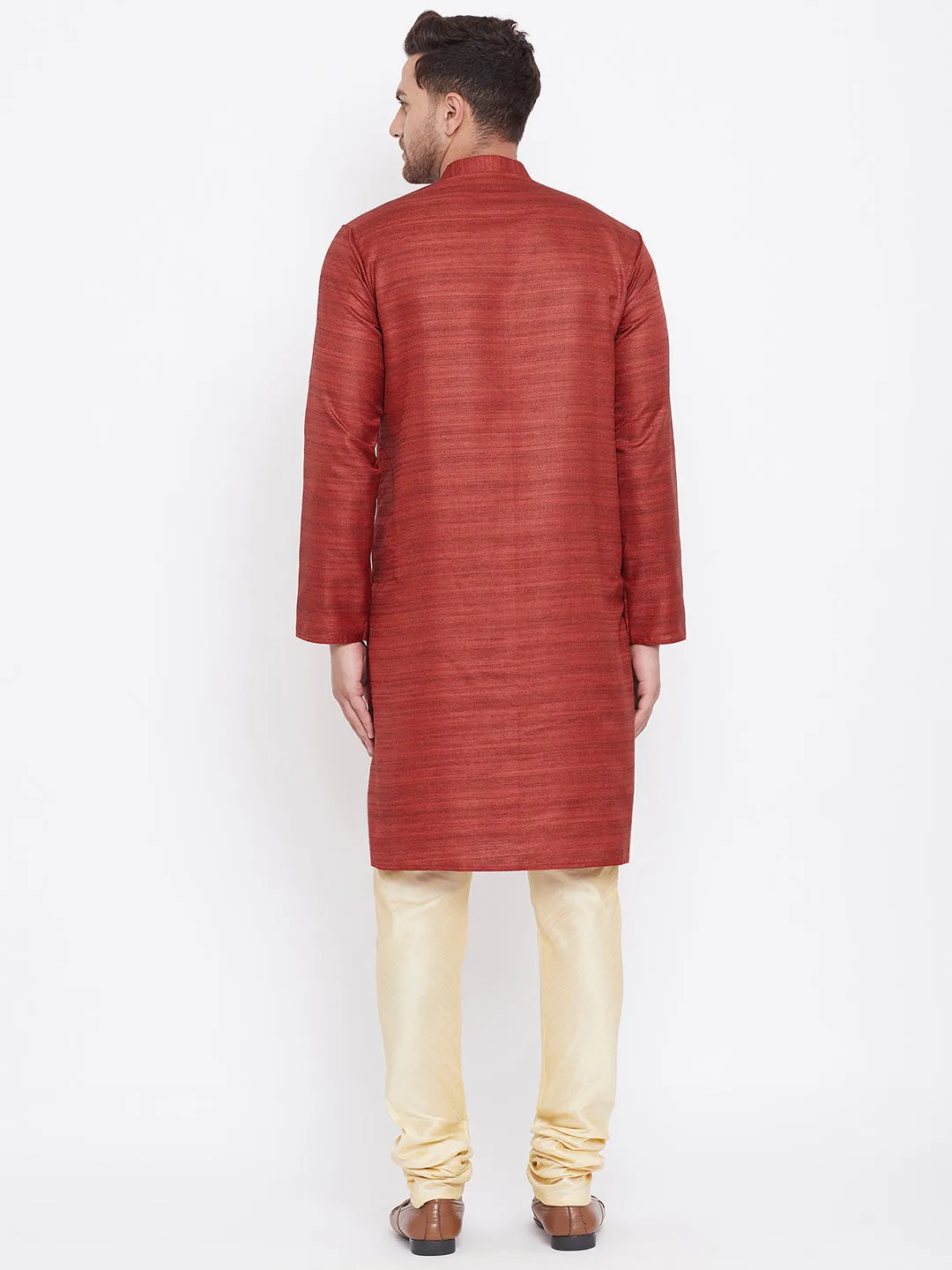 Jashvi Men's Maroon And Gold Silk Blend Kurta Pyjama Set