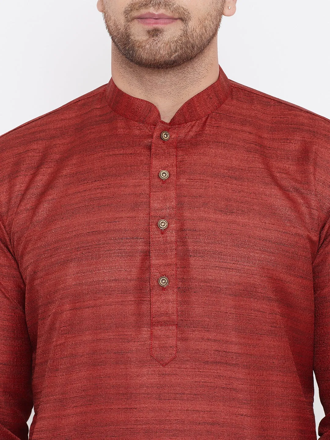 Jashvi Men's Maroon And Gold Silk Blend Kurta Pyjama Set