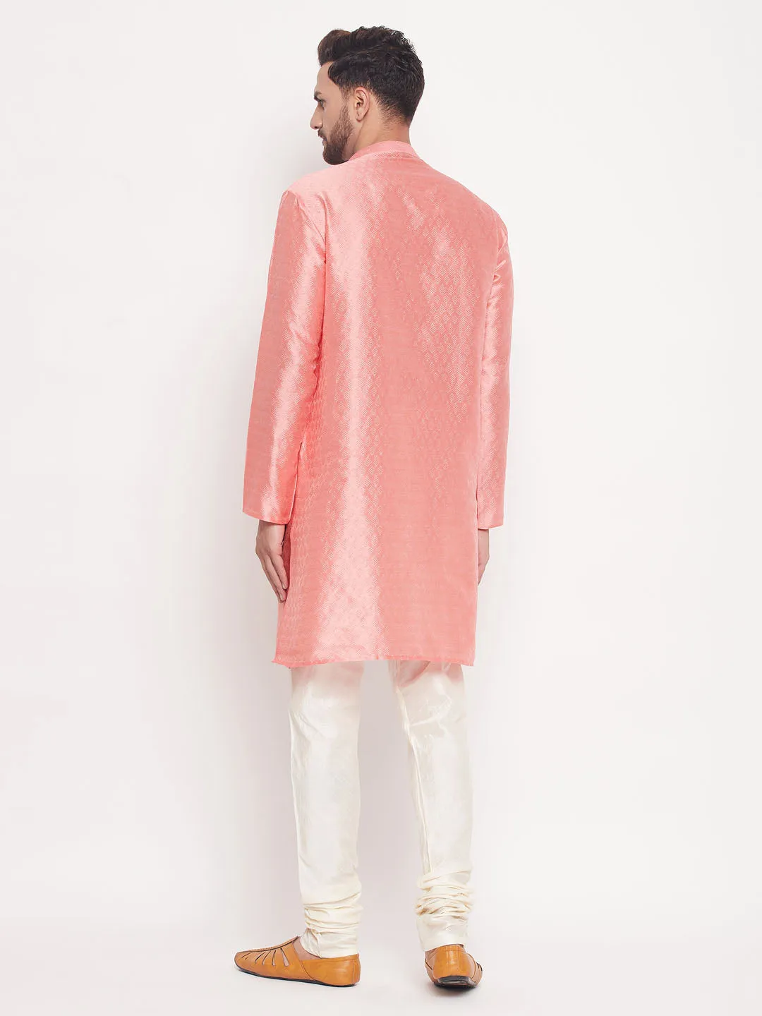 Jashvi Men's Pink Woven Silk Blend Kurta Pyjama Set