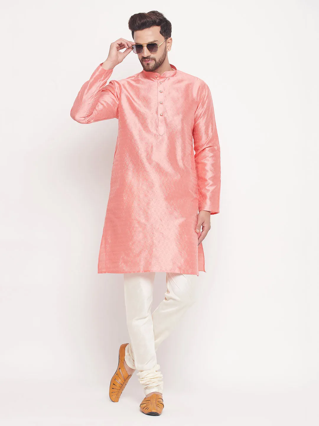 Jashvi Men's Pink Woven Silk Blend Kurta Pyjama Set
