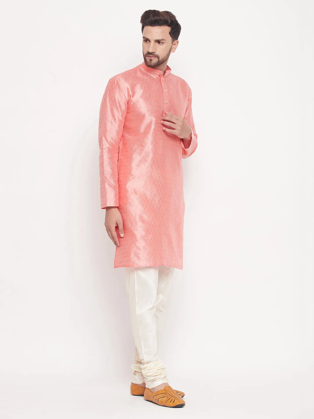 Jashvi Men's Pink Woven Silk Blend Kurta Pyjama Set