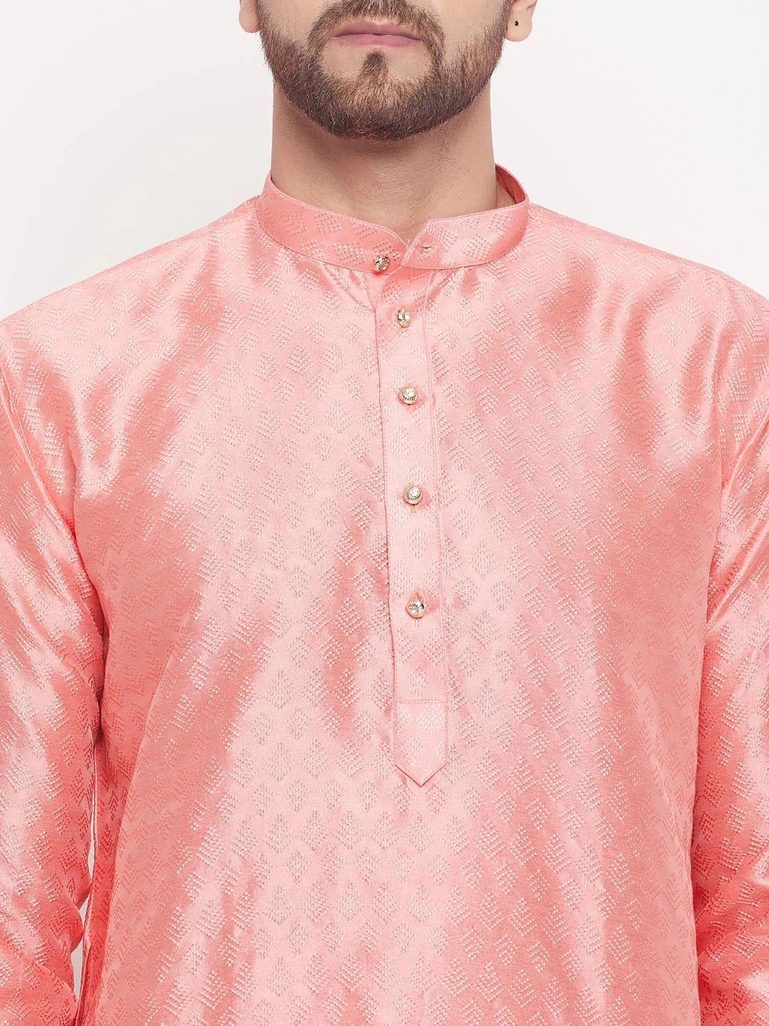 Jashvi Men's Pink Woven Silk Blend Kurta Pyjama Set