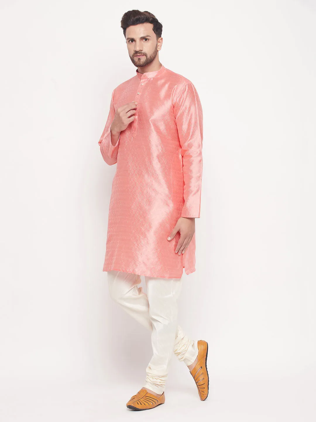 Jashvi Men's Pink Woven Silk Blend Kurta Pyjama Set