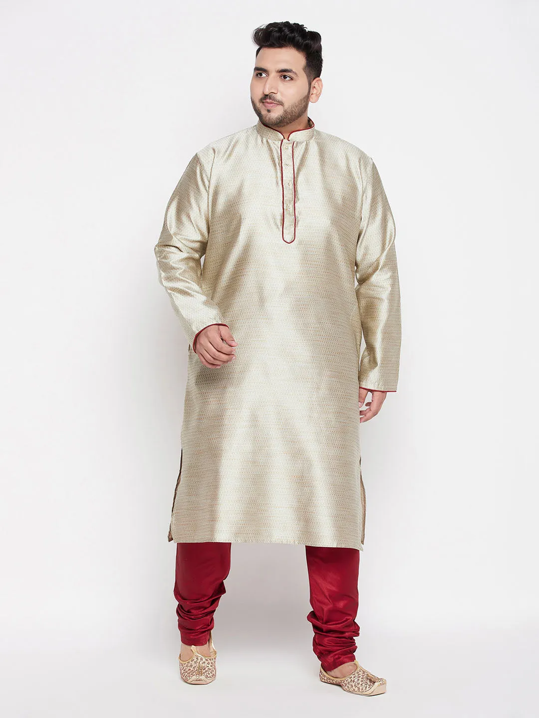 Jashvi Men's Plus Size Beige Woven Kurta And Maroon Pyjama Set