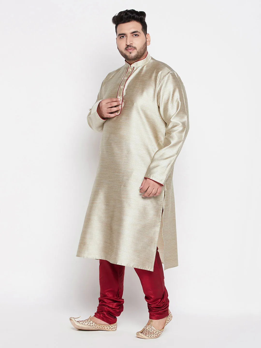 Jashvi Men's Plus Size Beige Woven Kurta And Maroon Pyjama Set