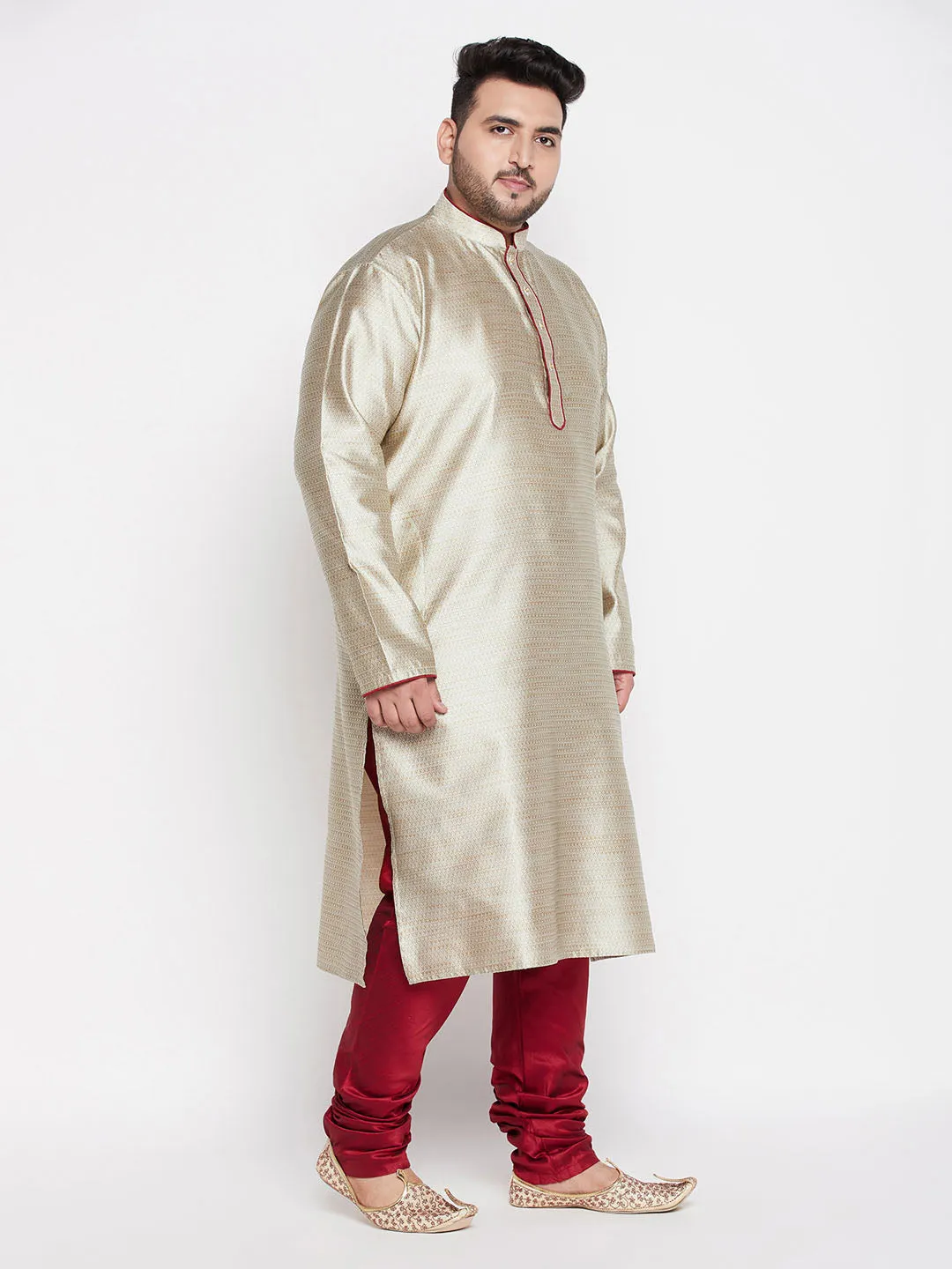 Jashvi Men's Plus Size Beige Woven Kurta And Maroon Pyjama Set