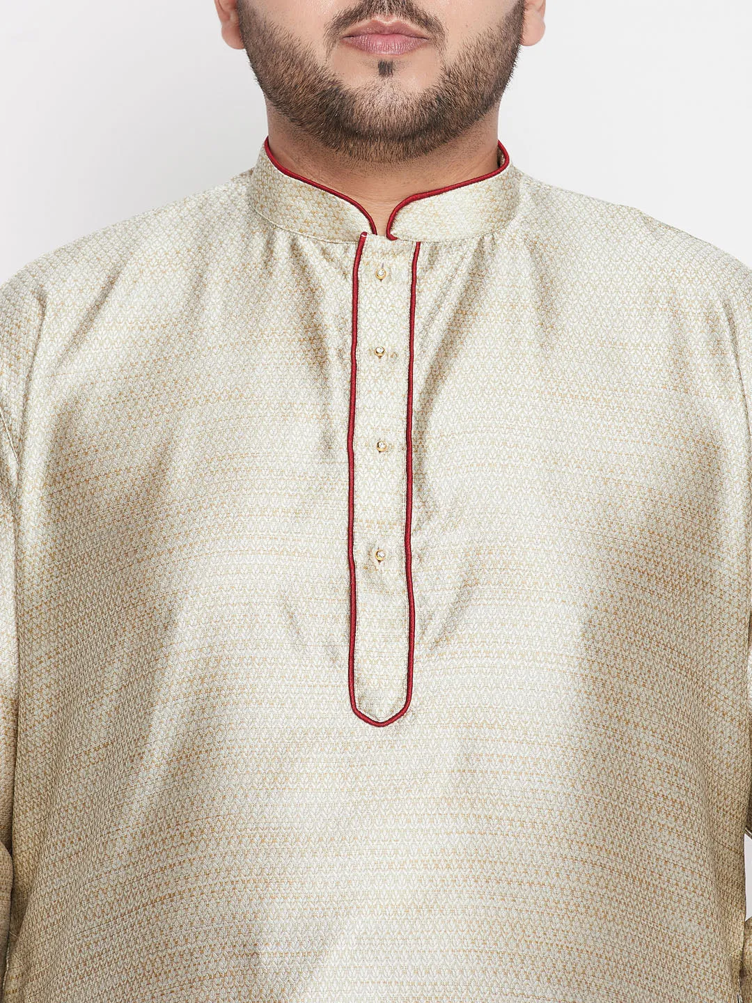 Jashvi Men's Plus Size Beige Woven Kurta And Maroon Pyjama Set