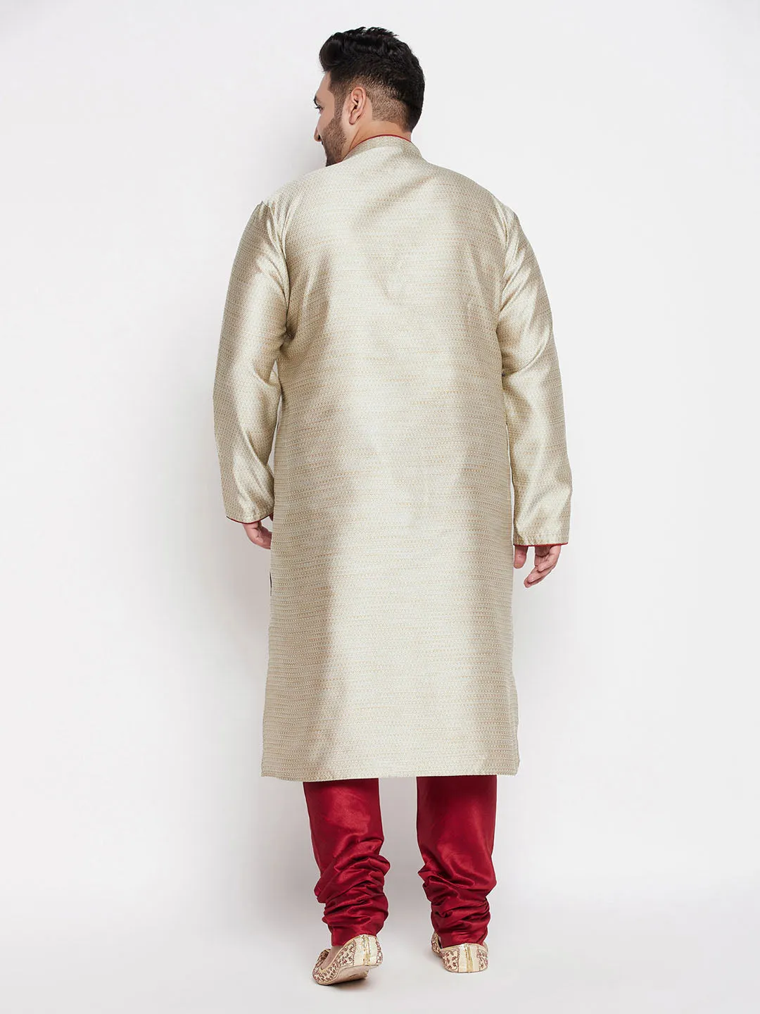 Jashvi Men's Plus Size Beige Woven Kurta And Maroon Pyjama Set