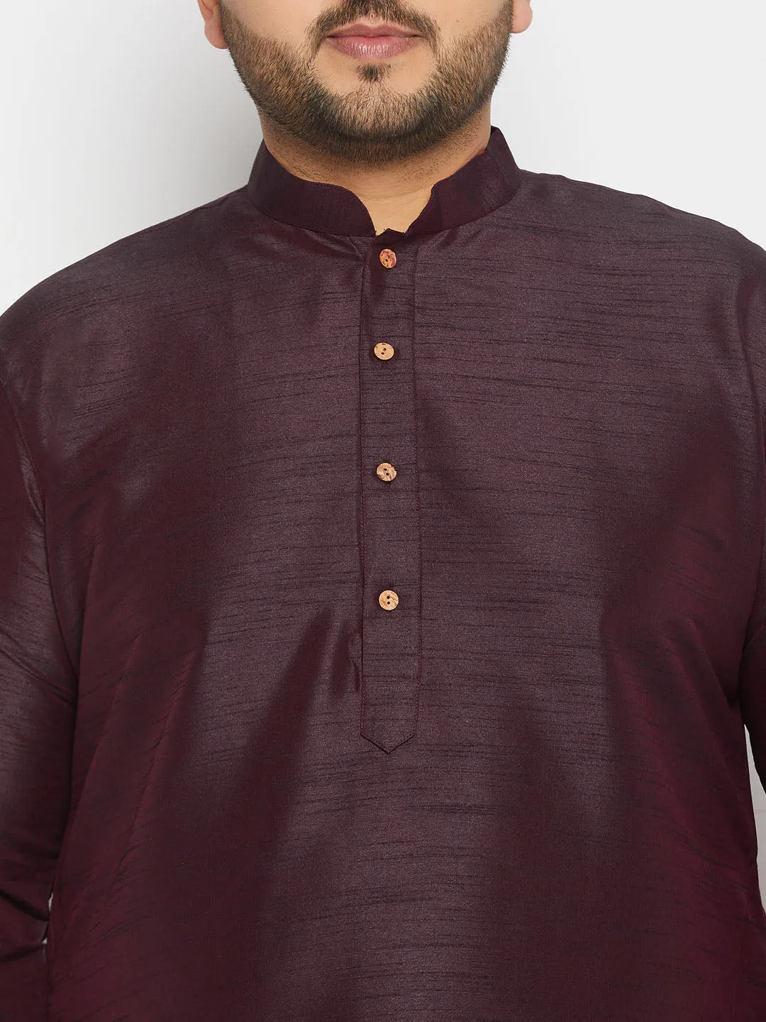 Jashvi Men's Plus Size Burgundy Silk Blend Kurta Pant Set