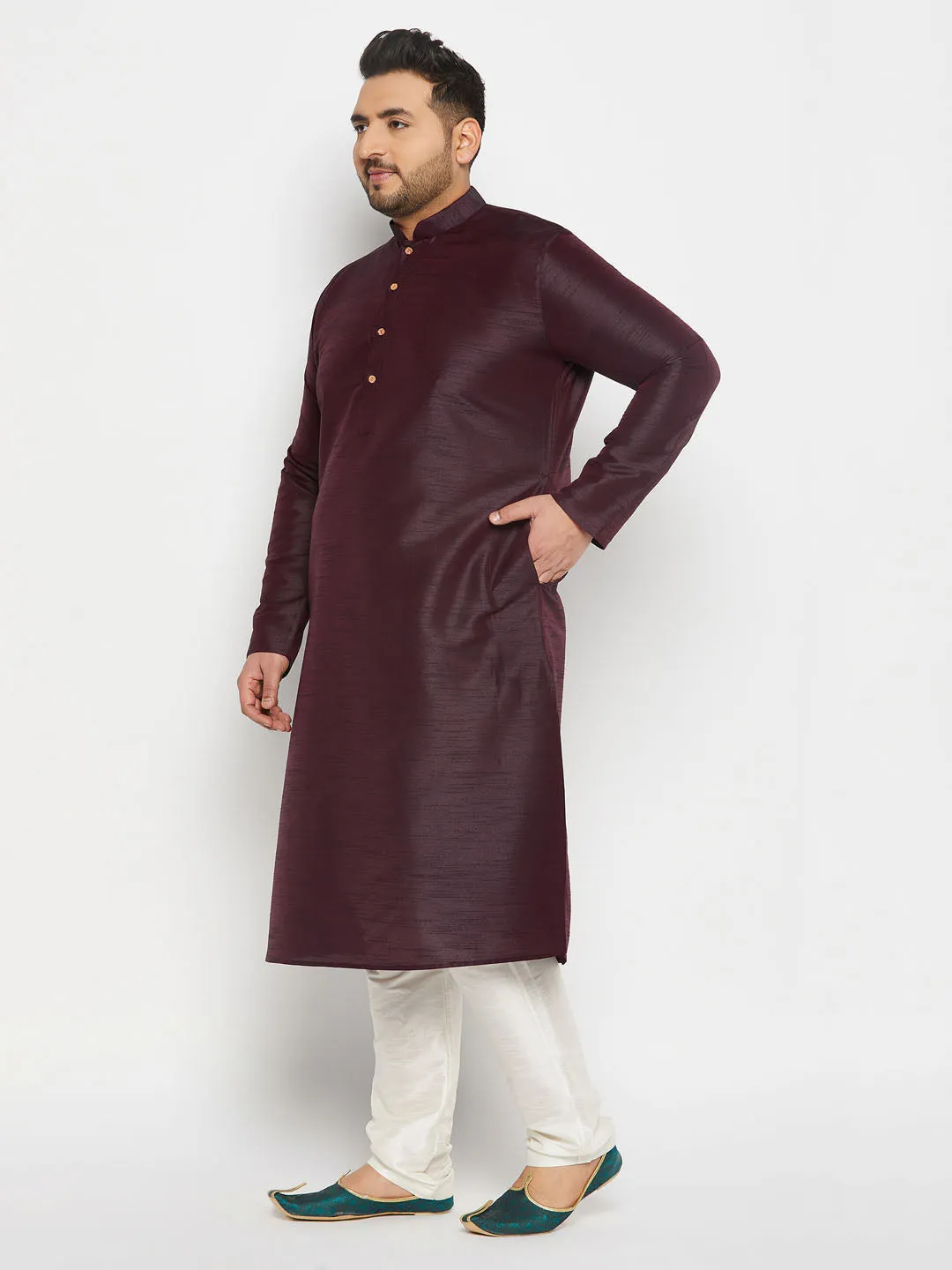 Jashvi Men's Plus Size Burgundy Silk Blend Kurta Pant Set