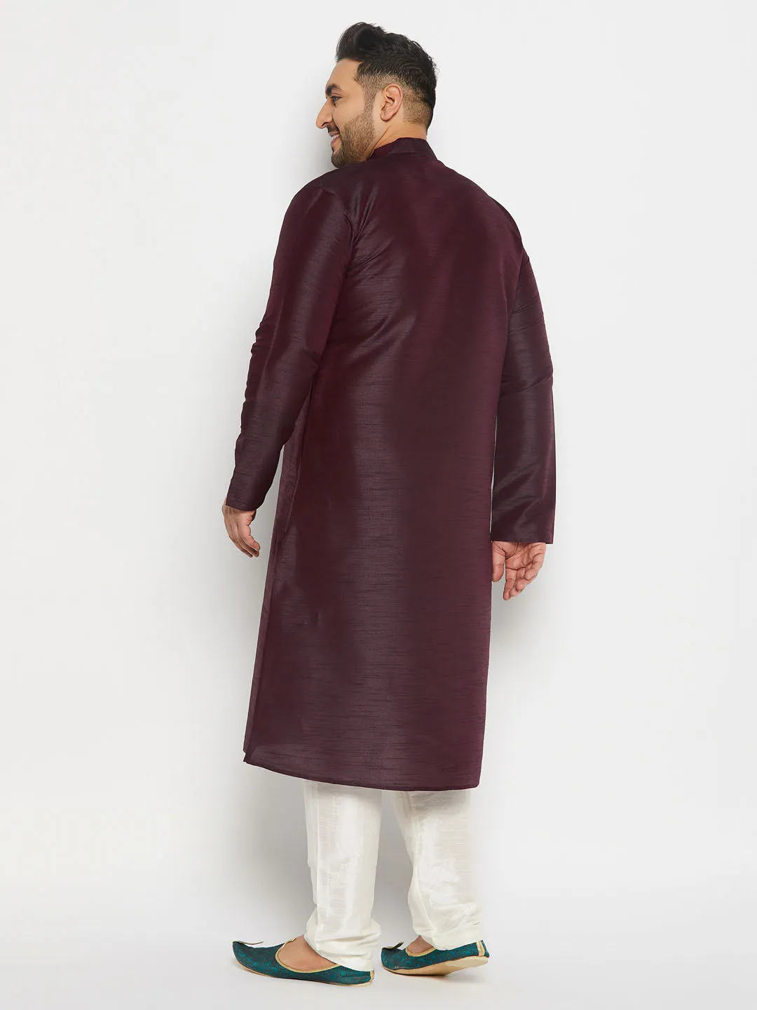 Jashvi Men's Plus Size Burgundy Silk Blend Kurta Pant Set