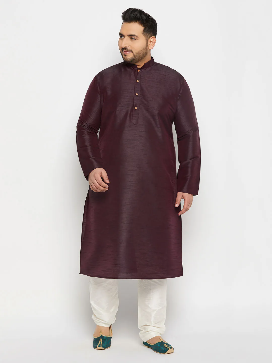 Jashvi Men's Plus Size Burgundy Silk Blend Kurta Pant Set