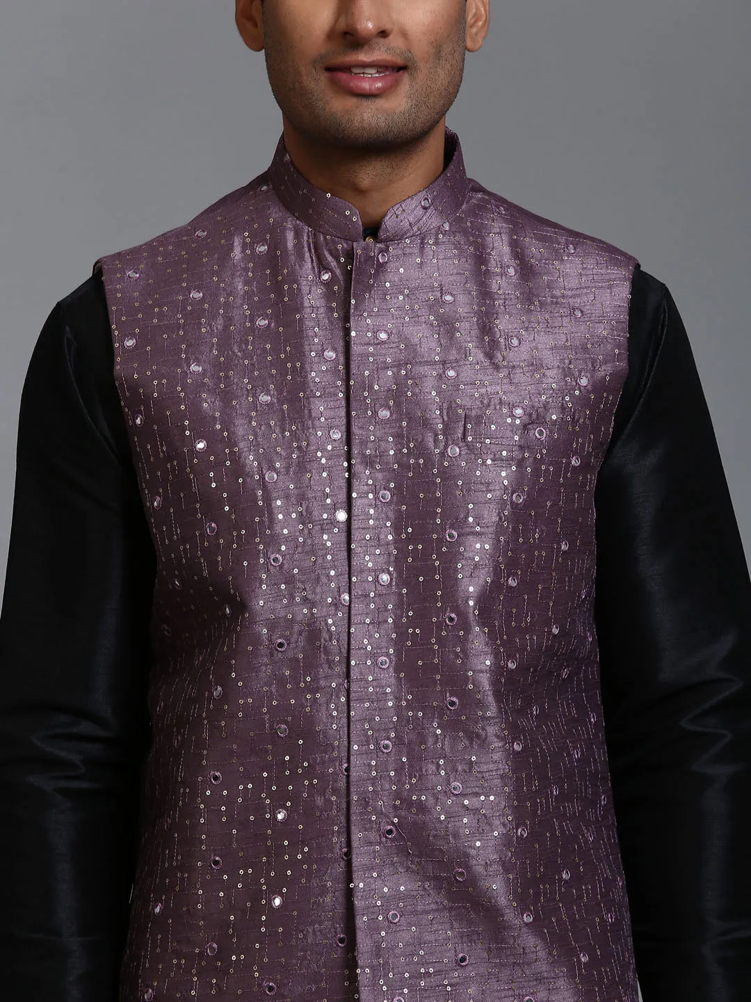 Jashvi Men's Purple Embellished Jacket with Black Kurta Pant Set